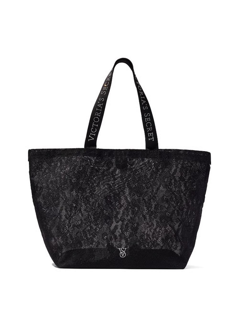 Victoria's Secret NWT Black Floral Lace Tote Bag Rhinestone Bling Straps